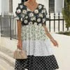 Best deal 🧨 Pink Daisy Black & White Floral Polka Dot Contrast Tiered Midi 👗 Dress - 👩 Women 😀
