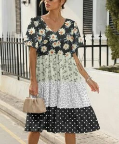 Best deal 🧨 Pink Daisy Black & White Floral Polka Dot Contrast Tiered Midi 👗 Dress - 👩 Women 😀