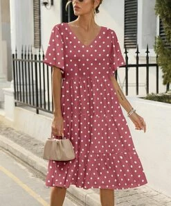 Discount π Pink Daisy Dusty Red & White Polka Dot Tiered V-Neck A-Line π Dress - π© Women & Plus β€οΈ