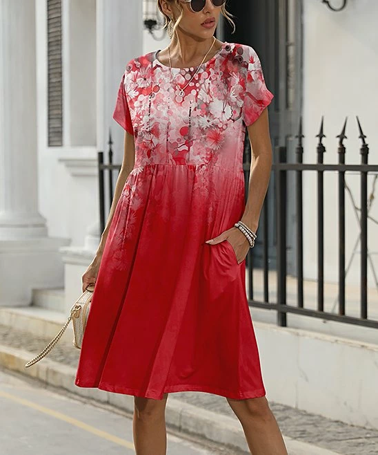 Budget β¨ Pink Daisy Red & White Pocket A-Line π Dress - Plus π