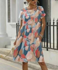 Coupon 😀 Pink Daisy Mauve & Blue Abstract Floral Short-Sleeve Shift 👗 Dress - 👩 Women 😉