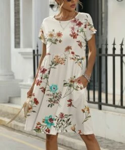 Cheap ⭐ Pink Daisy White Multicolor Floral Short-Sleeve Pocket A-Line 👗 Dress - 👩 Women 🔔