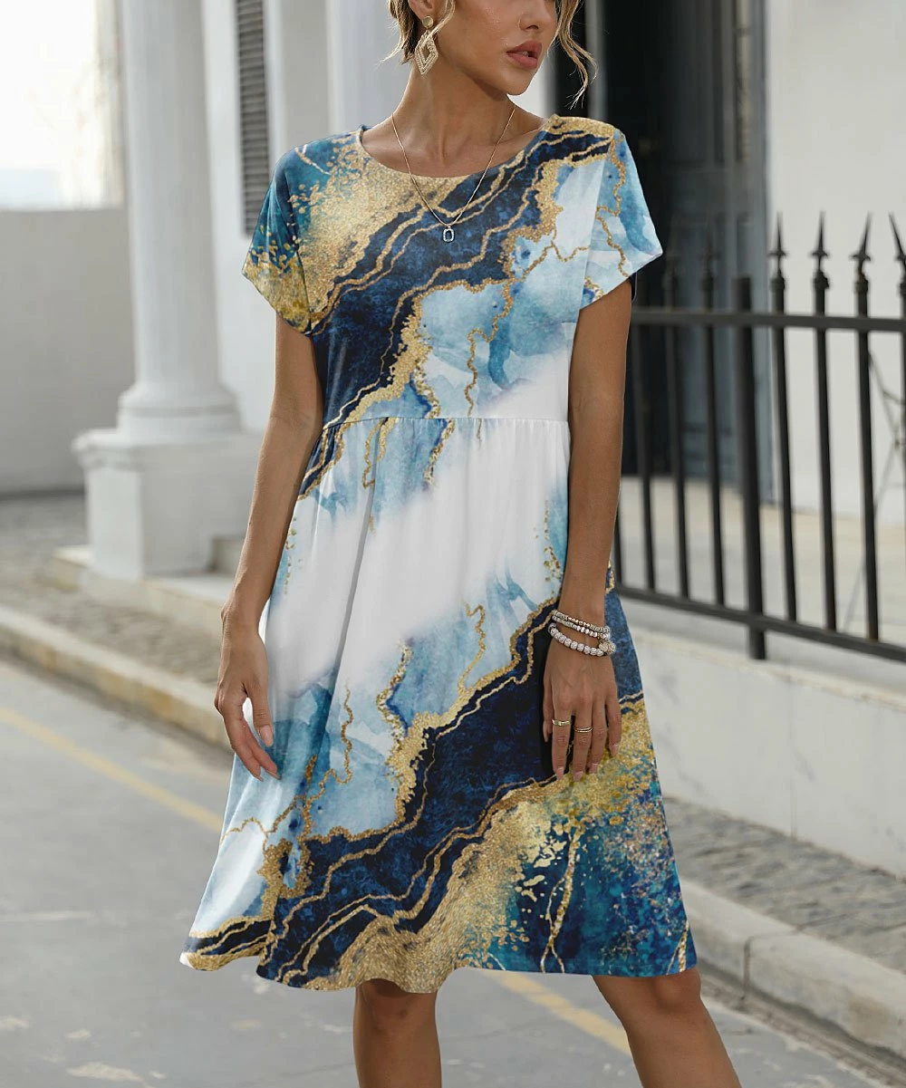 Brand new π Pink Daisy Light Blue & Navy Marble Pocket A-Line π Dress - Plus π - Image 2