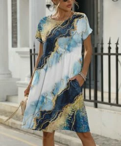 Brand new 🎁 Pink Daisy Light Blue & Navy Marble Pocket A-Line 👗 Dress - Plus 🌟