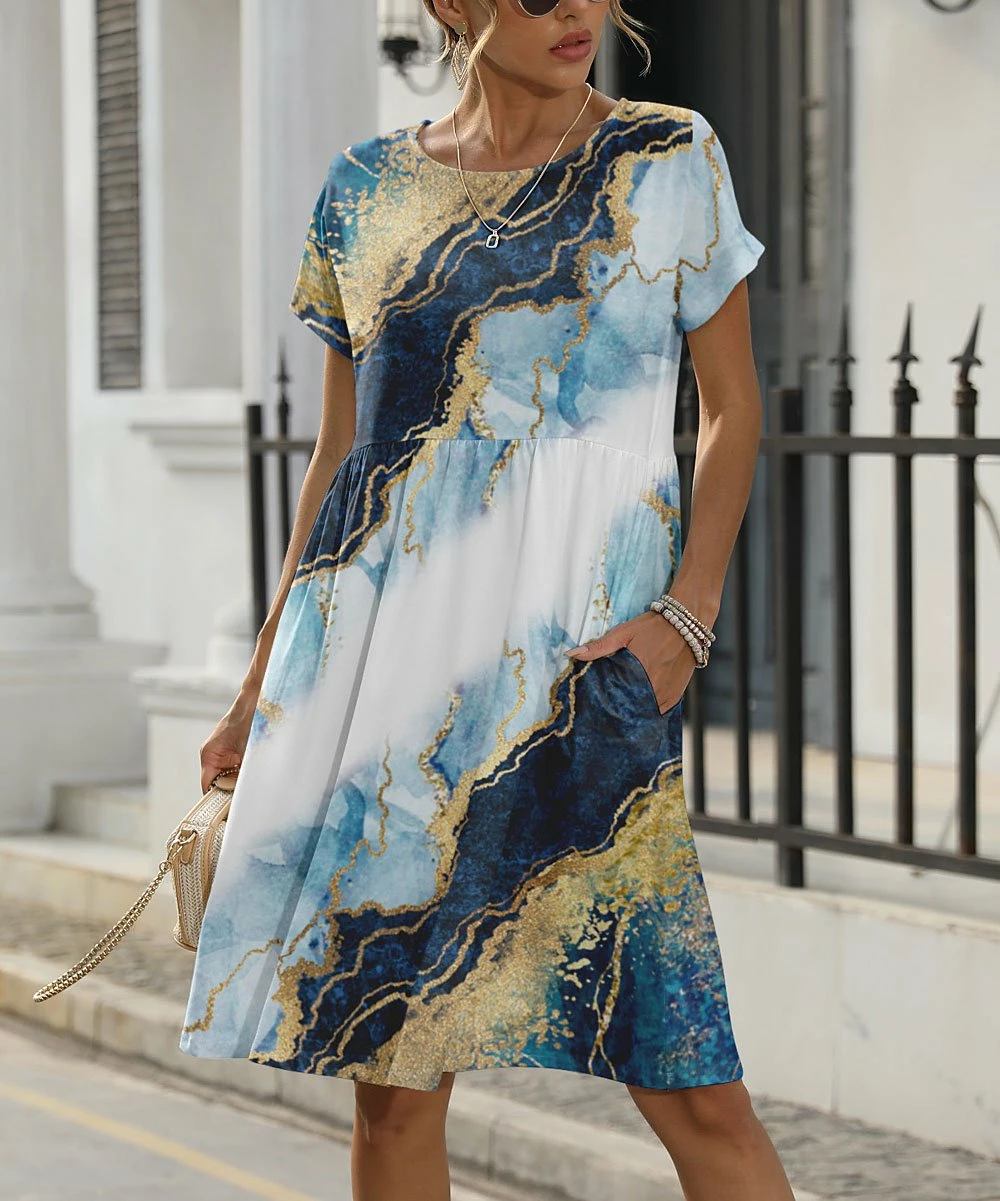 Brand new π Pink Daisy Light Blue & Navy Marble Pocket A-Line π Dress - Plus π