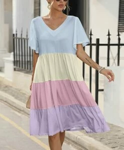 Promo 🌟 Pink Daisy Blue & Pink Color Block Tiered A-Line 👗 Dress - Plus ❤️