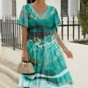 Deals 👏 Pink Daisy Teal Marble Tiered V-Neck A-Line 👗 Dress - 👩 Women & Plus 🎁