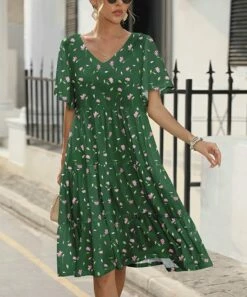 Brand new π Pink Daisy Green & Pink Floral Short-Sleeve V-Neck A-Line π Dress - π© Women π