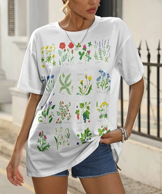 Buy π Pink Daisy White Plant Chart Oversize Crewneck Tee - π© Women π