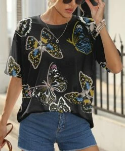 Budget π Pink Daisy Black & Yellow Butterfly Boyfriend Tee - Plus π