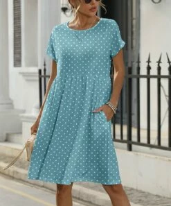 Best Sale 🧨 Pink Daisy Light Blue & White Pin Dot Empire-Waist 👗 Dress - 👩 Women & Plus 🔔