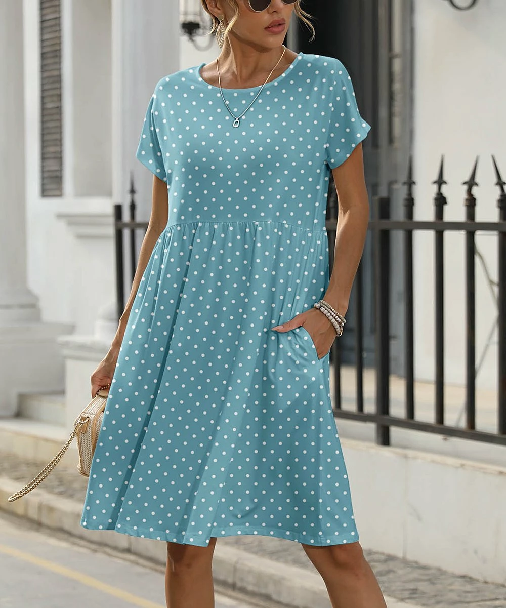 Best Sale 𧨠Pink Daisy Light Blue & White Pin Dot Empire-Waist π Dress - π© Women & Plus π