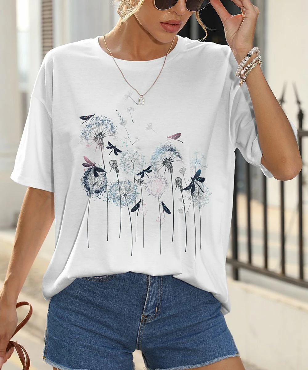 Deals π Pink Daisy White & Blue Dragonfly Boyfriend Tee - Plus βοΈ