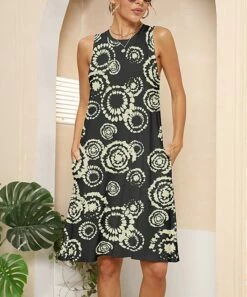 Coupon ✔️ Pink Daisy Black Tie-Dye Pocket Sleeveless 👗 Dress - 👩 Women & Plus 😀