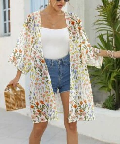 Buy β¨ Pink Daisy Orange & Ecru Floral Sheer Kimono - π© Women π