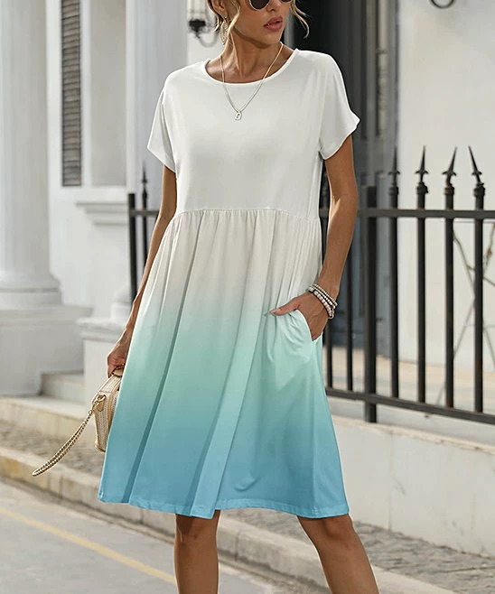 Brand new π Pink Daisy White & Blue OmbrΓ© Short-Sleeve Pocket A-Line π Dress - π© Women π