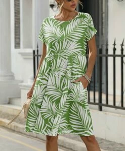Cheap 😀 Pink Daisy Green Leaf Short-Sleeve Pocket A-Line 👗 Dress - Plus 😍