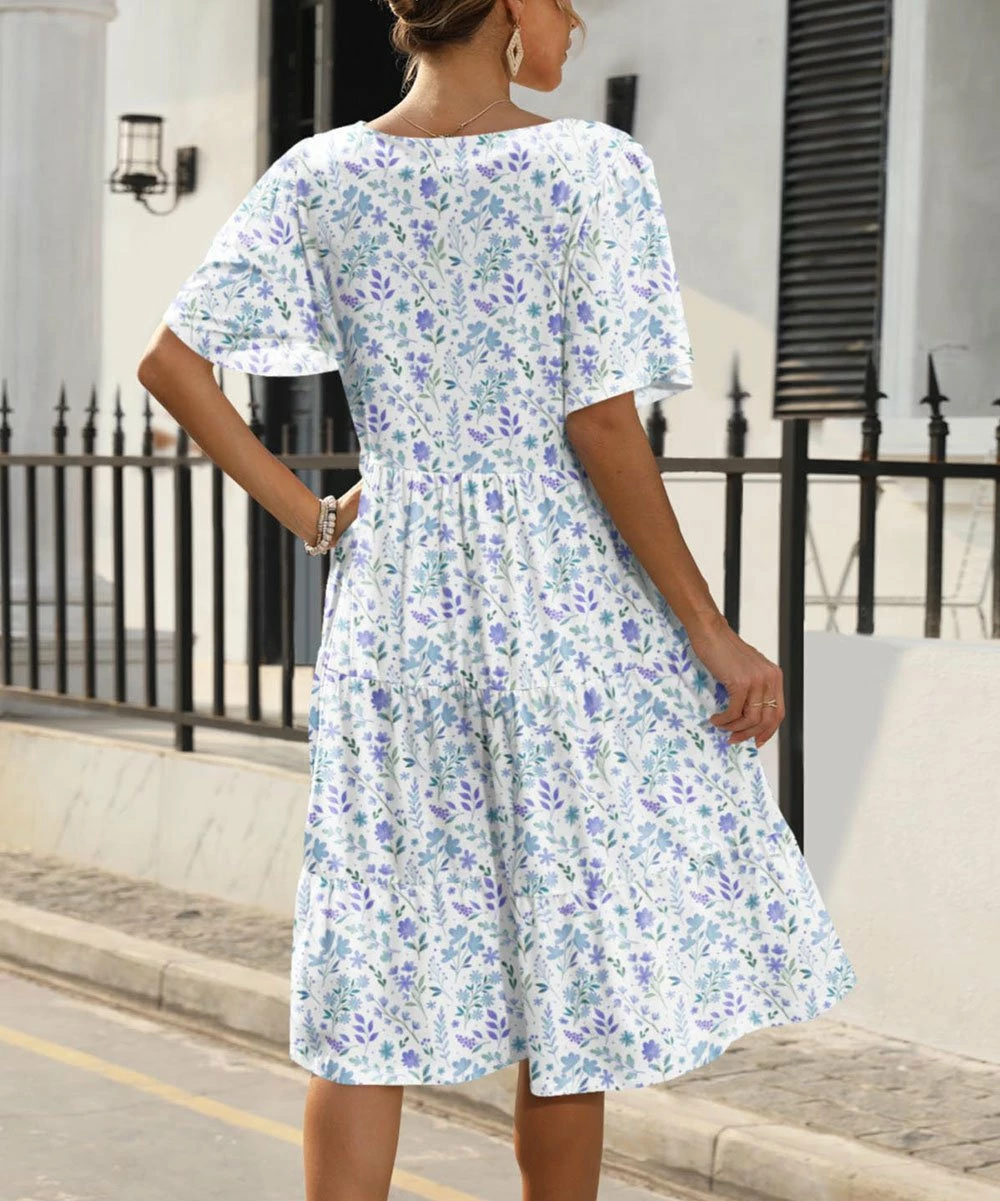 Buy π Pink Daisy White & Blue Floral Midi π Dress - π© Women π - Image 2
