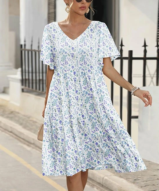 Buy π Pink Daisy White & Blue Floral Midi π Dress - π© Women π