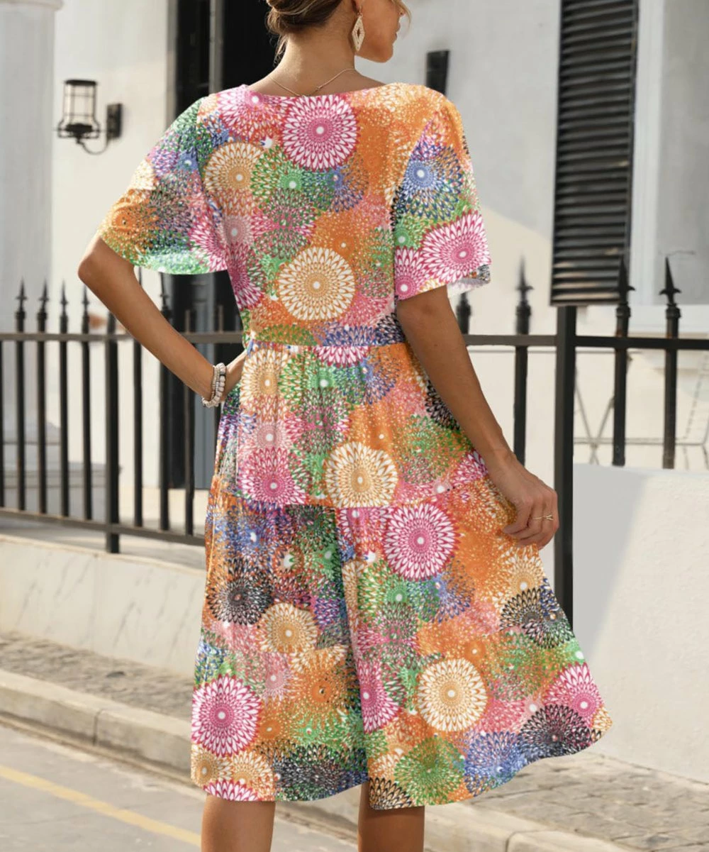 Best Pirce π― Pink Daisy Pink Multicolor Geometric Tiered V-Neck π Dress - π© Women π - Image 2