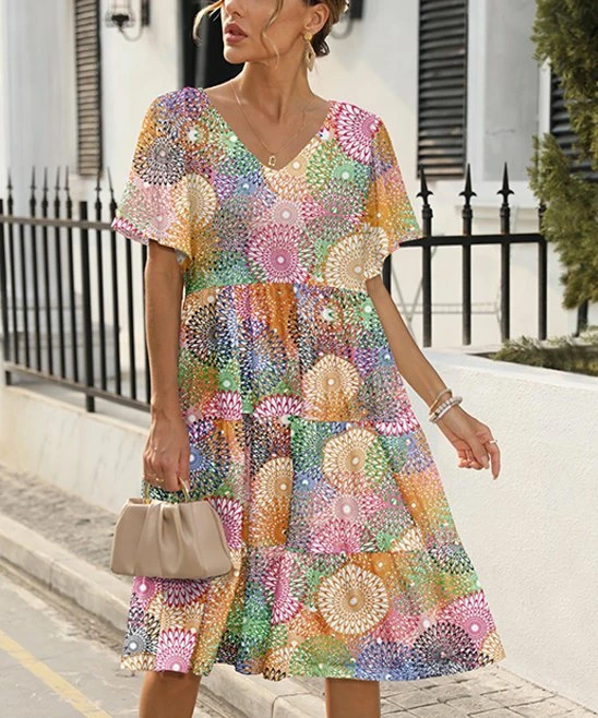 Best Pirce π― Pink Daisy Pink Multicolor Geometric Tiered V-Neck π Dress - π© Women π