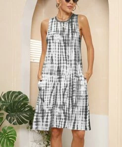 Outlet 🔔 Pink Daisy Gray & White Abstract Sleeveless Shift 👗 Dress - 👩 Women 🤩