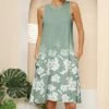 Outlet 💯 Pink Daisy Green & White Floral Sleeveless Pocket Shift 👗 Dress - 👩 Women 🎁