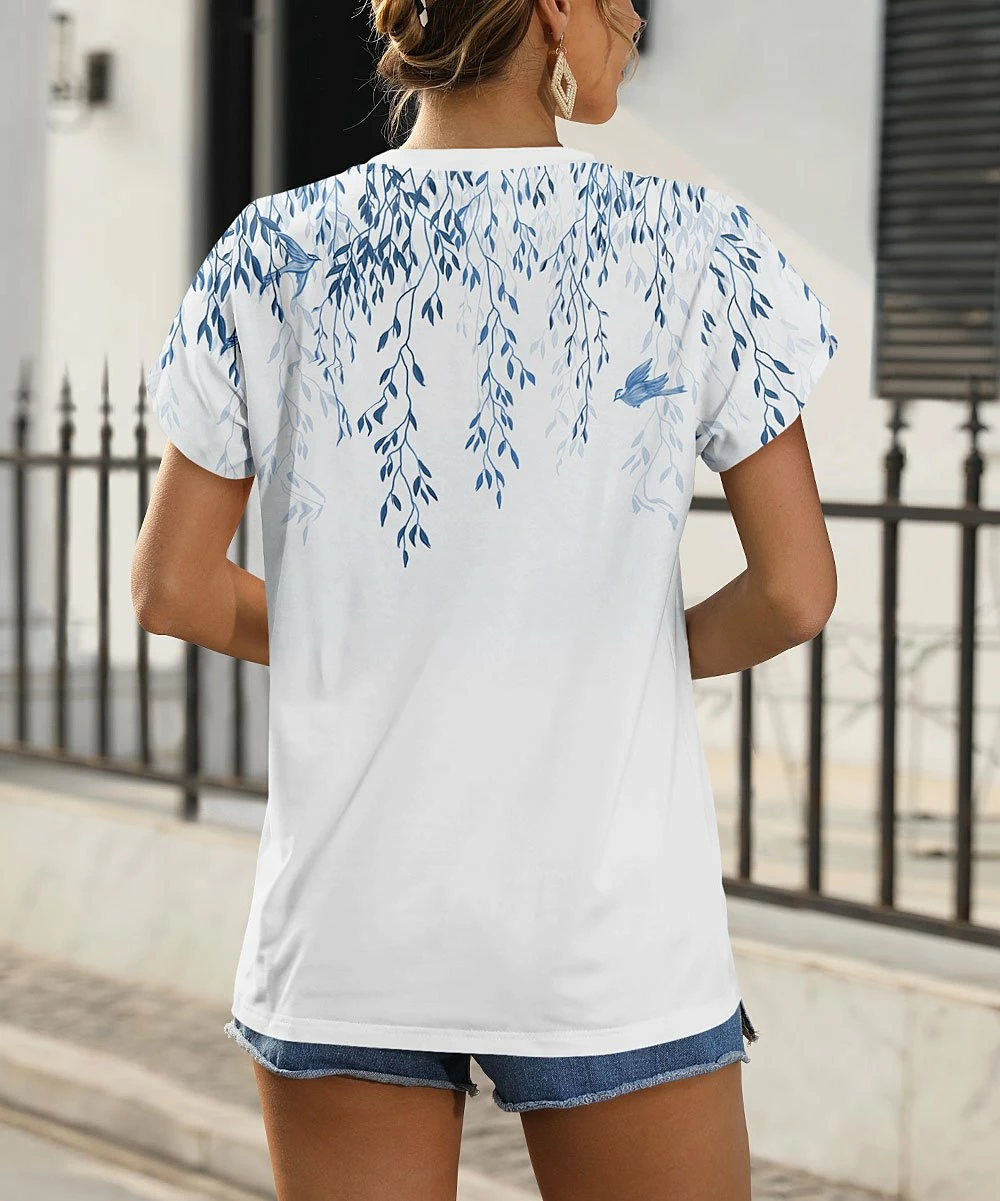 Promo 𧨠Pink Daisy White & Blue Floral Petal-Sleeve V-Neck Tee - π© Women & Plus π - Image 2