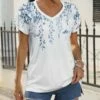 Promo 🧨 Pink Daisy White & Blue Floral Petal-Sleeve V-Neck Tee - 👩 Women & Plus 🎁