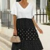 New 🤩 Pink Daisy Black & White Polka Dot V-Neck A-Line 👗 Dress - 👩 Women ✨