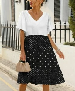 New 🤩 Pink Daisy Black & White Polka Dot V-Neck A-Line 👗 Dress - 👩 Women ✨