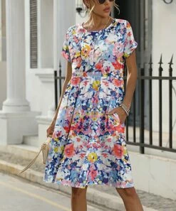 Promo 💯 Pink Daisy Blue & Orange Floral Empire-Waist 👗 Dress - 👩 Women & Plus 😍