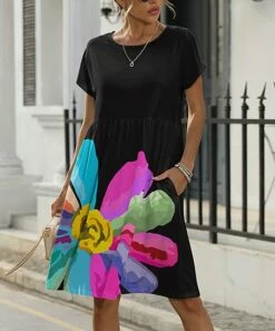 Buy 👏 Pink Daisy Black Multicolor Floral Short-Sleeve Pocket A-Line 👗 Dress - 👩 Women ✔️