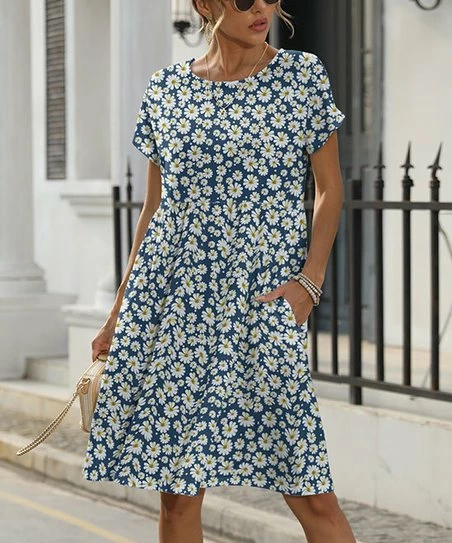 New βοΈ Pink Daisy Blue & White Daisy Pocket Short-Sleeve A-Line π Dress - Plus π₯