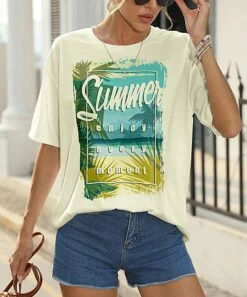 Brand new π Pink Daisy Beige & Green 'Summer' Oversize Crewneck Tee - Plus π