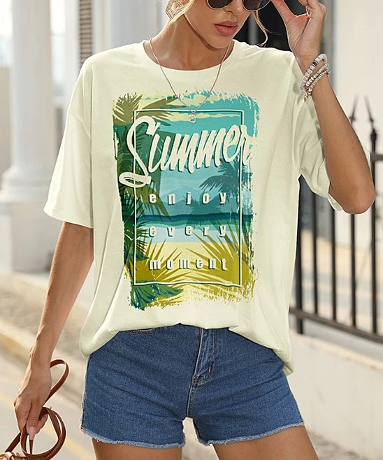 Brand new π Pink Daisy Beige & Green 'Summer' Oversize Crewneck Tee - Plus π