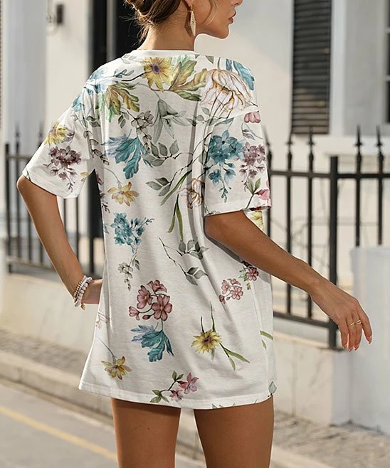 Budget π Pink Daisy White & Blue Floral Oversize Tee - π© Women β - Image 2