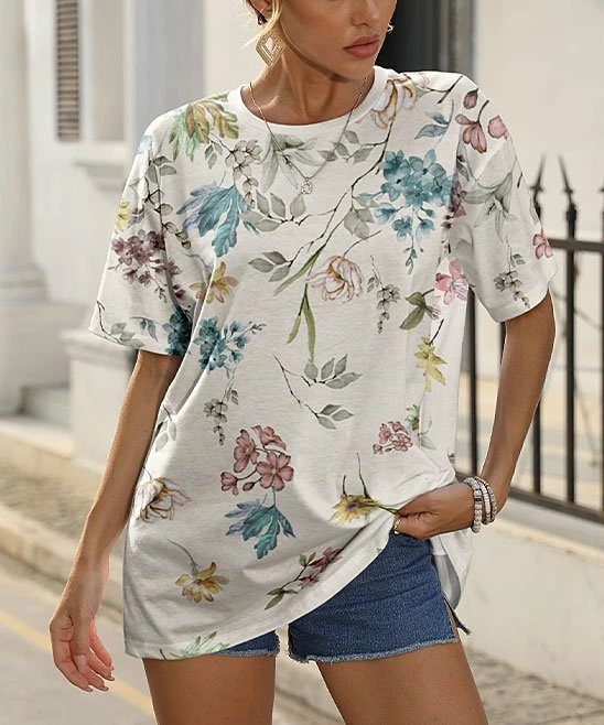 Budget π Pink Daisy White & Blue Floral Oversize Tee - π© Women β