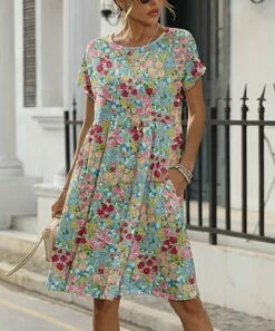 Cheap 🌟 Pink Daisy Green & Pink Floral Pocket Shift 👗 Dress - 👩 Women & Plus 🔥