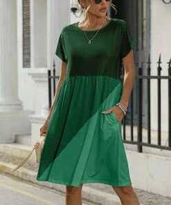 Hot Sale π― Pink Daisy Green Color Block Round-Neck Short-Sleeve Pocket A-Line π Dress - π© Women π