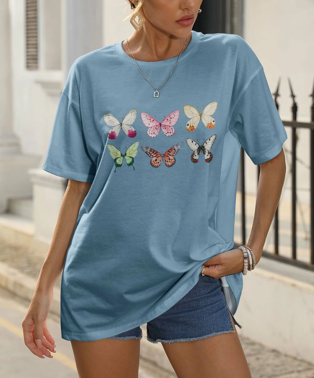 Best Sale β€οΈ Pink Daisy Blue & Pink Butterfly Oversize Tee - π© Women π€©