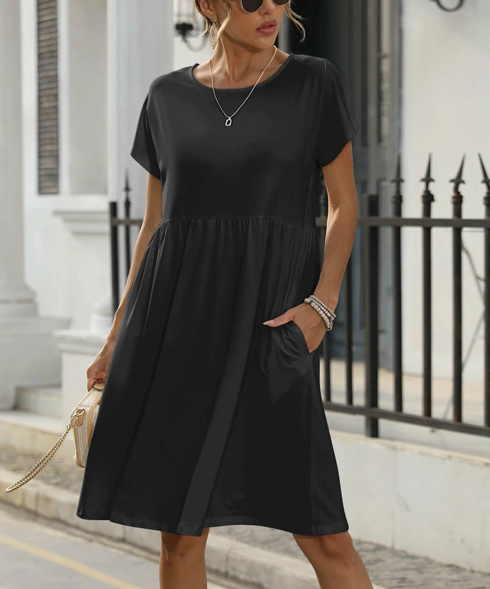 Hot Sale π₯ Pink Daisy Black Pocket Short-Sleeve π Dress - π© Women π₯