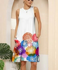 Wholesale 🤩 Pink Daisy White & Yellow Multicolor Floral Sleeveless Pocket 👗 Dress - 👩 Women 👏
