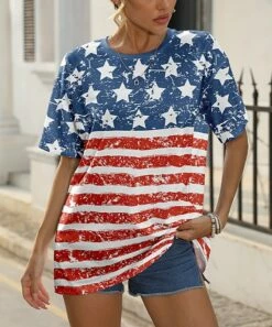 New π Pink Daisy Blue & Red American Flag Color Block Oversize Tee - π© Women & Plus π