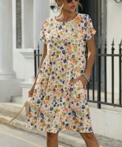Best deal 👍 Pink Daisy Yellow & Blue Floral Short-Sleeve Empire-Waist Shift 👗 Dress - Plus 🔔