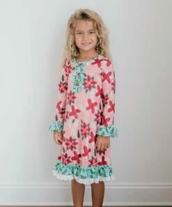 New 👍 Oopsie Daisy Pink & Green Poinsettia Button-Front Long-Sleeve 👗 Dress - Toddler & 👧 Girls 🎁