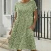 Best Sale 🎁 Pink Daisy Green Floral Dot Pocket A-Line 👗 Dress - Plus 😀