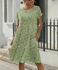 Best Sale 🎁 Pink Daisy Green Floral Dot Pocket A-Line 👗 Dress - Plus 😀