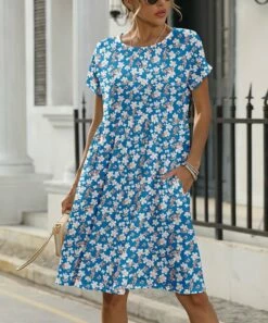 Deals π Pink Daisy Blue & Beige Floral Short-Sleeve Empire-Waist Shift π Dress - Plus π