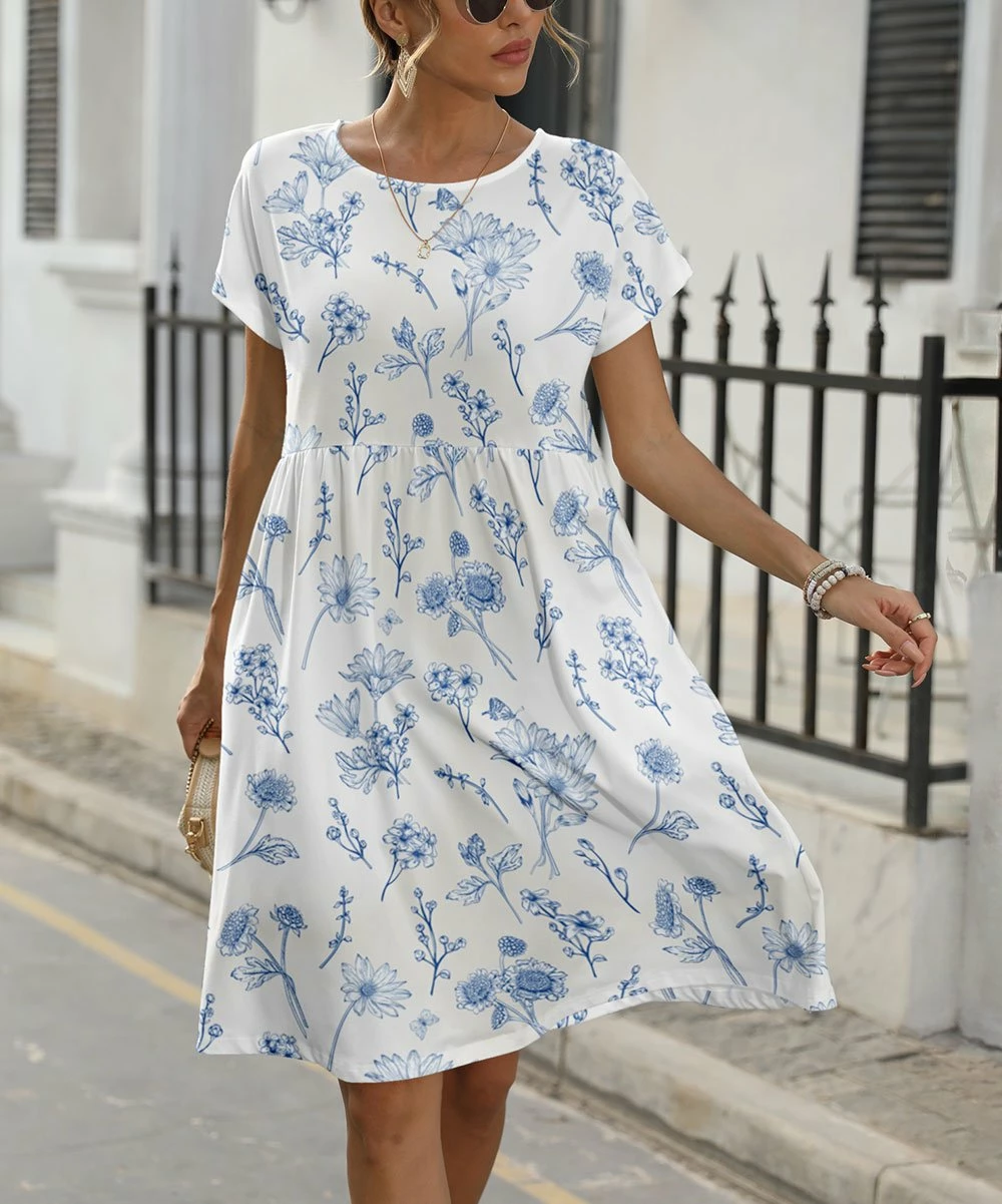 Best deal π Pink Daisy White & Blue Floral Short-Sleeve Empire-Waist Shift π Dress - π© Women β¨ - Image 2